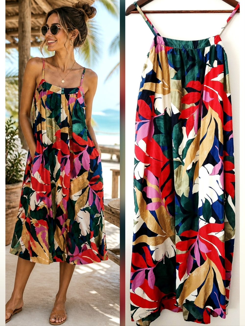 A New Day TROPICAL Midi LYOCELL Strappy Sleeveless Flowy DRESS Women's Size S